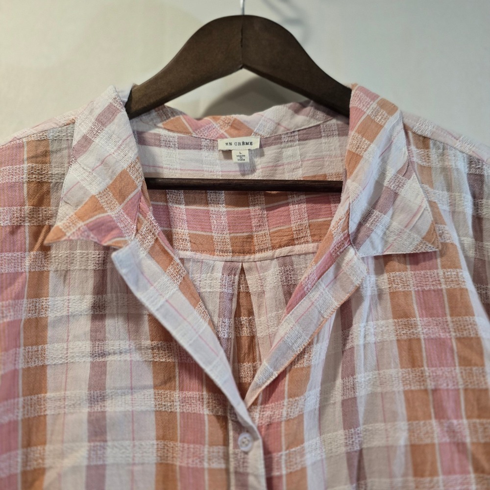 EN CRÈME Plaid Button Up Drawstring Waist Romper Pajama Style Pink Orange SIze L - Picture 2 of 6